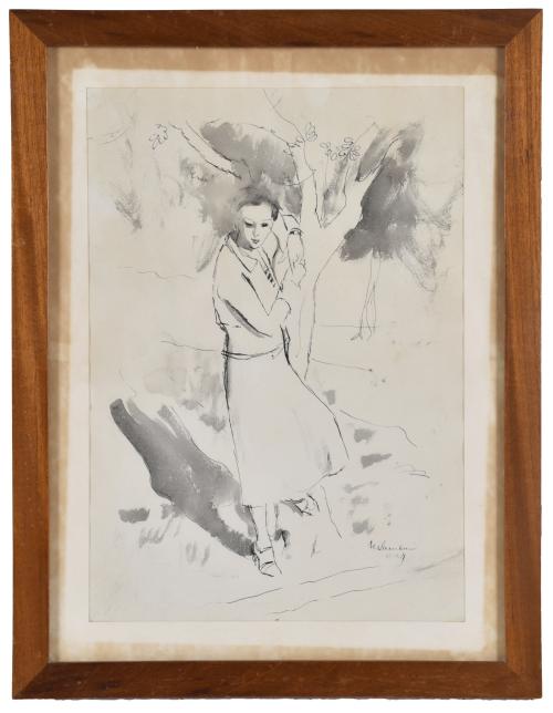 ESCUELA ESPAÑOLA, SIGLO XX. "Mujer apoyada en árbol".