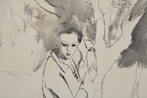ESCUELA ESPAÑOLA, SIGLO XX. "Mujer apoyada en árbol".