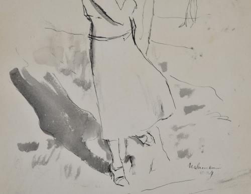 ESCUELA ESPAÑOLA, SIGLO XX. "Mujer apoyada en árbol".