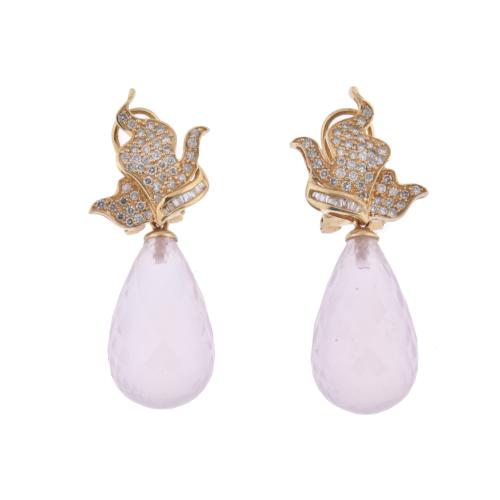 Leaf-shaped earrings with rose quartz and diamonds.