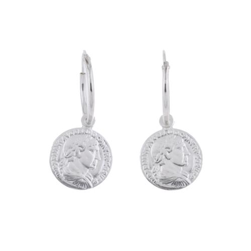 Pendiente arete con reproducción de moneda romana colgante.