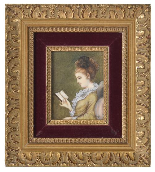 ESCUELA FRANCESA, SIGLO XX.  Miniatura de una dama leyendo. 
