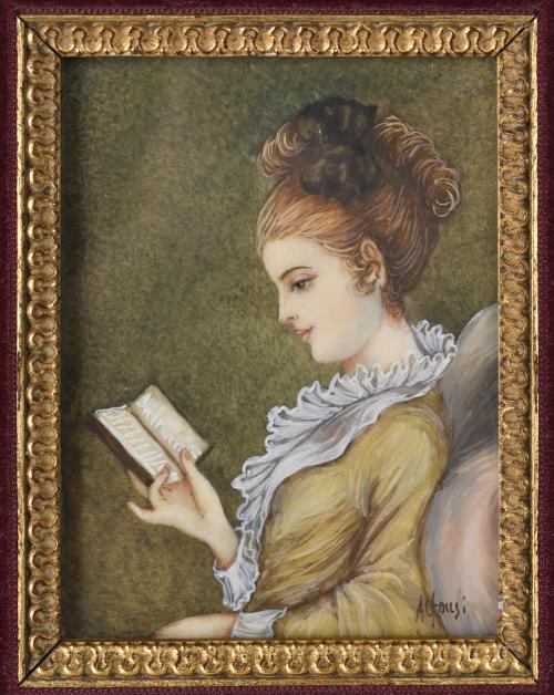 ESCUELA FRANCESA, SIGLO XX.  Miniatura de una dama leyendo. 