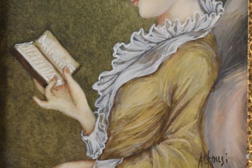ESCUELA FRANCESA, SIGLO XX.  Miniatura de una dama leyendo. 