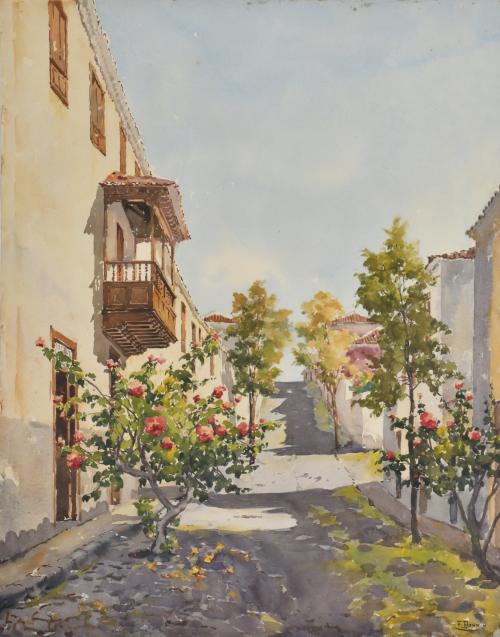 ESCUELA ESPAÑOLA, SIGLO XX. "Calle con rosales".