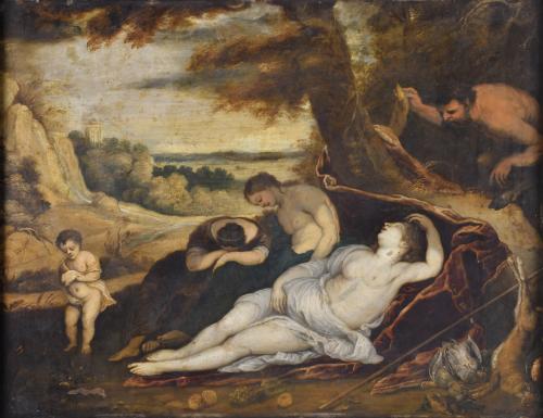 ESCUELA PROBABLEMENTE FLAMENCA, SIGLO XVIII. "Sueño de Diana".  A partir del original atribuido al taller de Anthony Van Dyck.