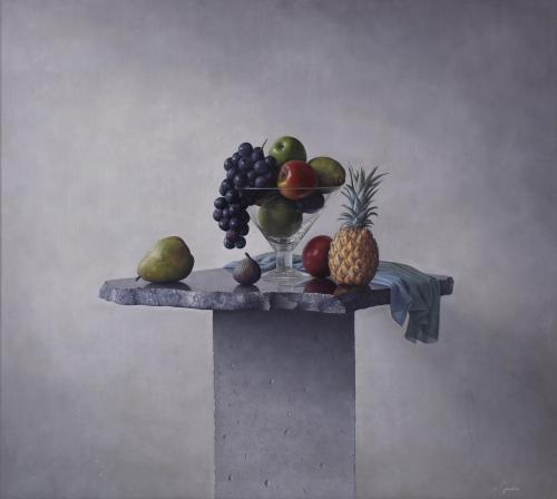 ADOLF GEUDENS (1954).  "Bodegón de frutas y cristal".