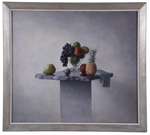 ADOLF GEUDENS (1954).  "STILL LIFE WITH FRUIT AND GLASS".