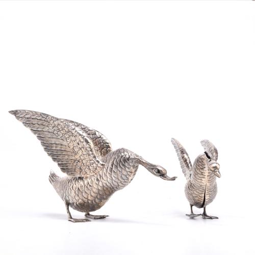 Pair of silver ducks, second half of the 20th century.
