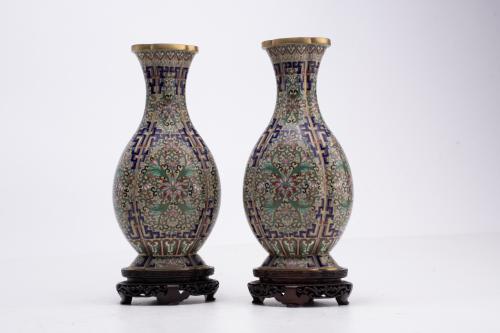 Set of six cloisonné enamel vases, 20th century.