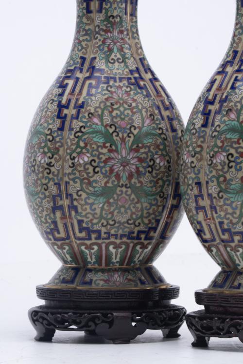Set of six cloisonné enamel vases, 20th century.