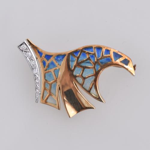 Brooch with glazed enamel and diamonds.