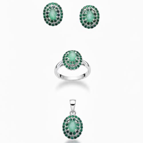 Conjunto de colgante, pendientes y anillo en forma de rosetón.