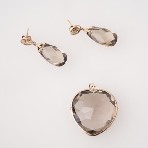 Oriental-style smoky quartz pendant and earrings set.