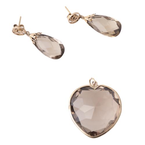 Oriental-style smoky quartz pendant and earrings set.