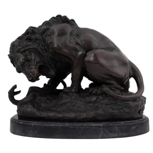 AFTER MODELS BY ANTOINE LOUIS BARYE (1796–1875). “Lion posant la patte sur un serpent”.