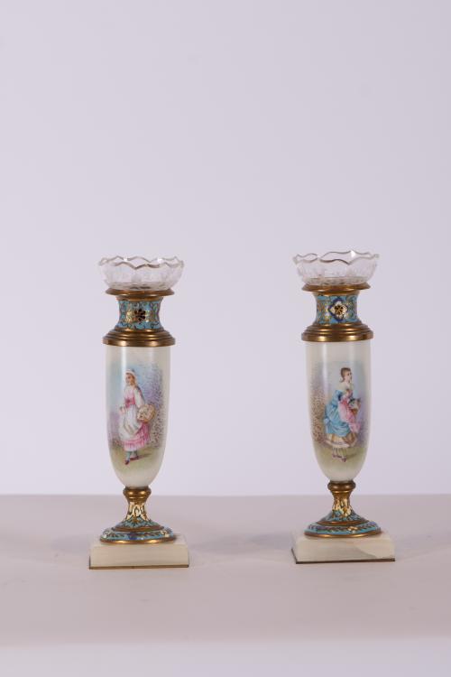 French set of two vases and two flower vases, 20th century.