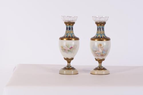 French set of two vases and two flower vases, 20th century.
