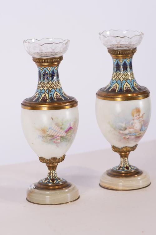 French set of two vases and two flower vases, 20th century.