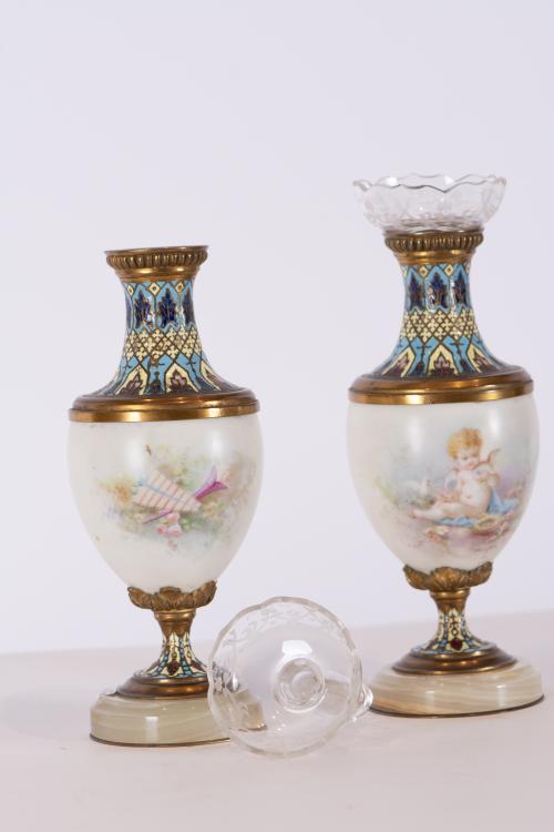 French set of two vases and two flower vases, 20th century.
