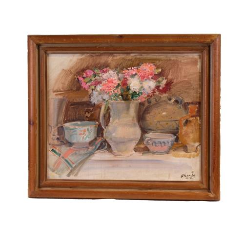 JULIÁN  GRAU SANTOS (1937). ‘Still life with a flowers vase and porcelain’, 1977.