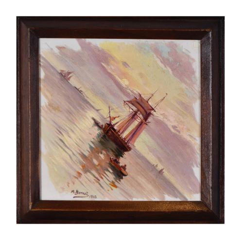 M. BERNAT (XX).  Pair of landscapes painted on tiles in oil.