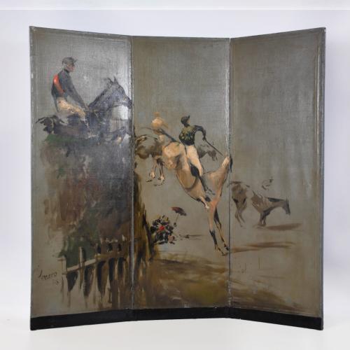 JOSEP MIQUEL SERRANO (1912-1982). Folding screen decorated with equestrian motifs.