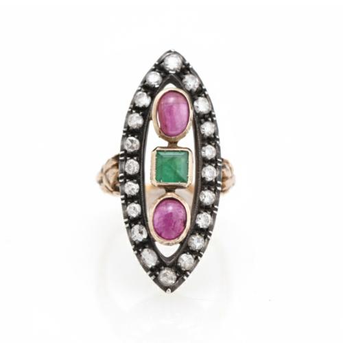 Ring with emeralds, rubies and diamonds, early 20th century.