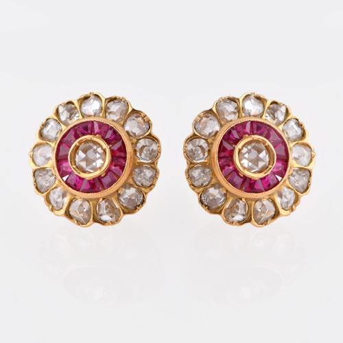 Art Deco style earrings with diamonds and rubies.