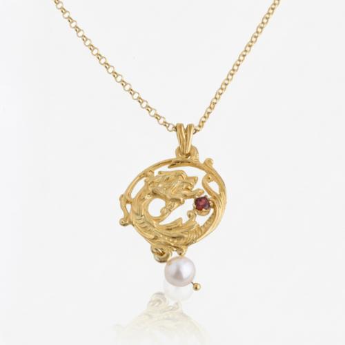 Modernist-style pendant with chain, with rodolite garnet and cultured pearl