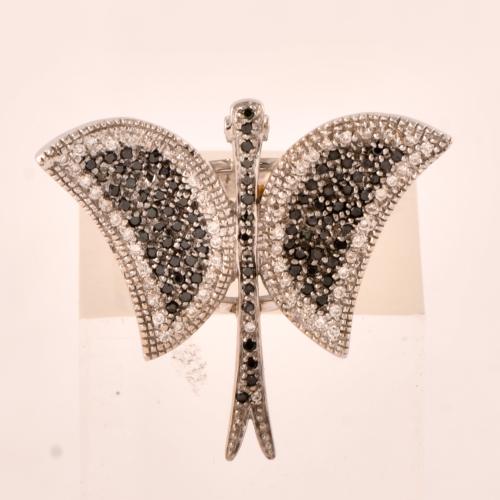 Anillo en forma de mariposa, diamantes blancos y fancy negr