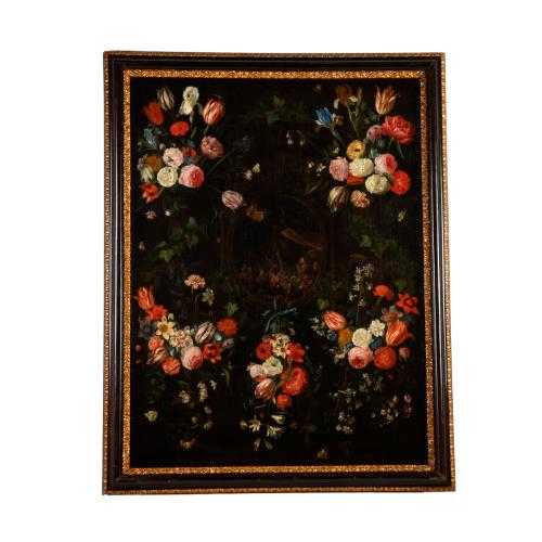 JAN VAN KESSEL, EL VIEJO (1626-1679).  "Guirnalda del flores con la anunciación a los pastores", 1653.