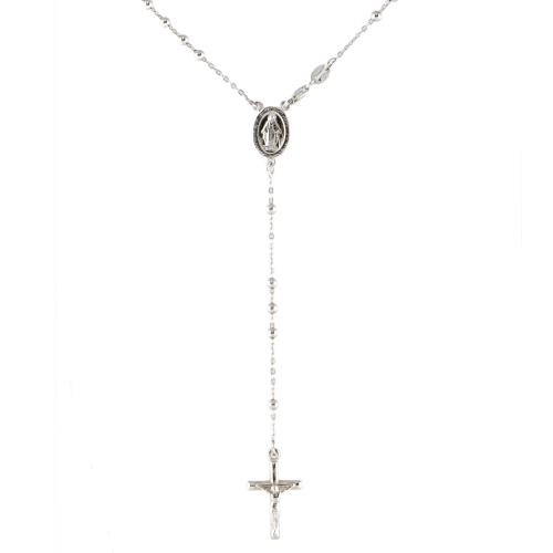 Silver rosary with pendant cross and the image of Madonna.