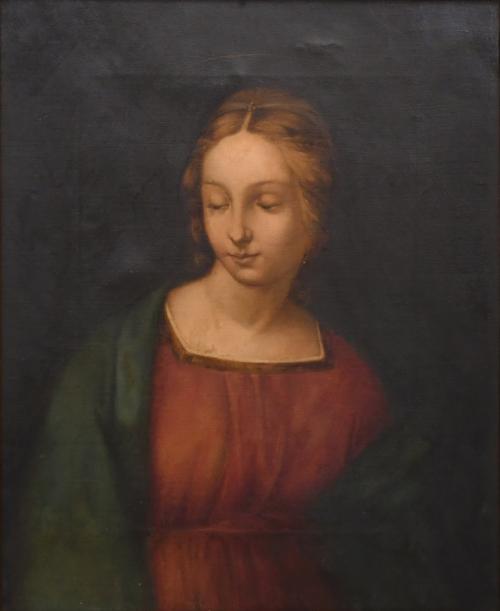 ESCUELA, PROBABLEMENTE ITALIANA,SIGLO XIX. "Retrato de la Virgen", a partir de la obra original del Rafael Sanzio "La virgen del jilguero".