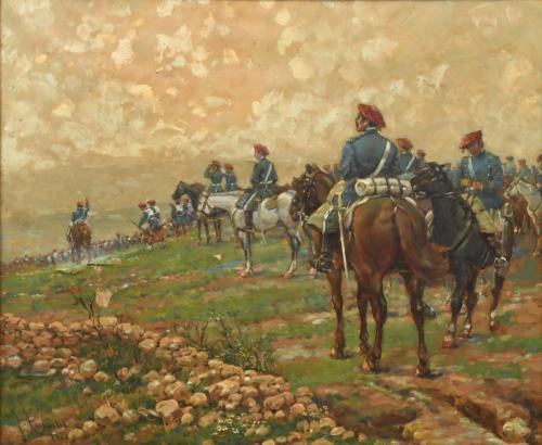 ESCUELA ESPAÑOLA, PPS. SIGLO XX. "Militares a caballo". Siguiendo modelos de Josep Cusachs.