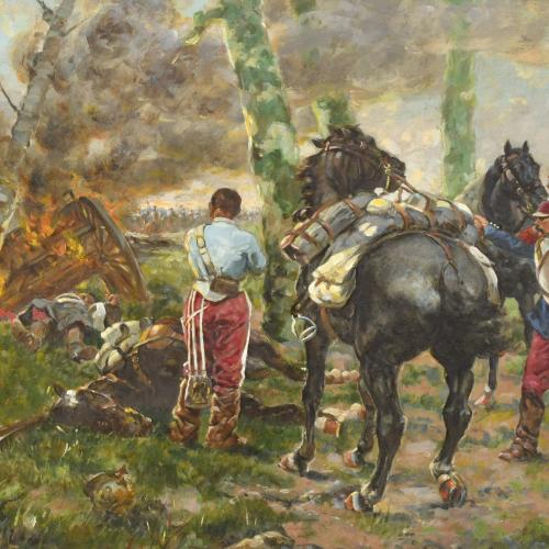 ESCUELA ESPAÑOLA, PPS. SIGLO XX. "Heridos en combate". A pa