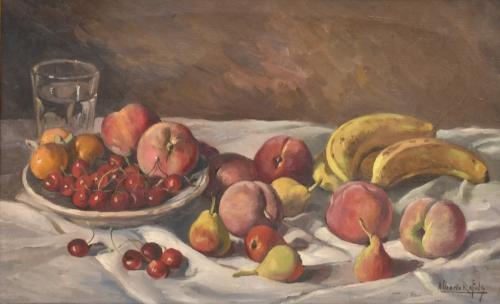 ALBERT RÀFOLS CULLARÉS (1892-1986).  "Bodegón de melocotones, plátanos y cerezas".