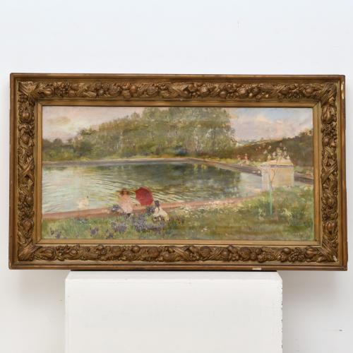 CARLOS VÁZQUEZ (1869-1944) "Estanque con niñas".