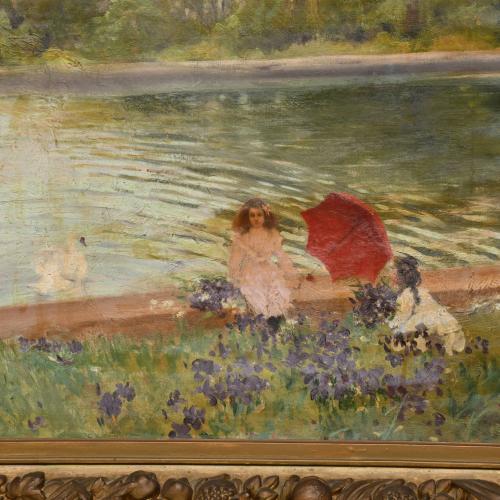 CARLOS VÁZQUEZ (1869-1944) "Estanque con niñas".