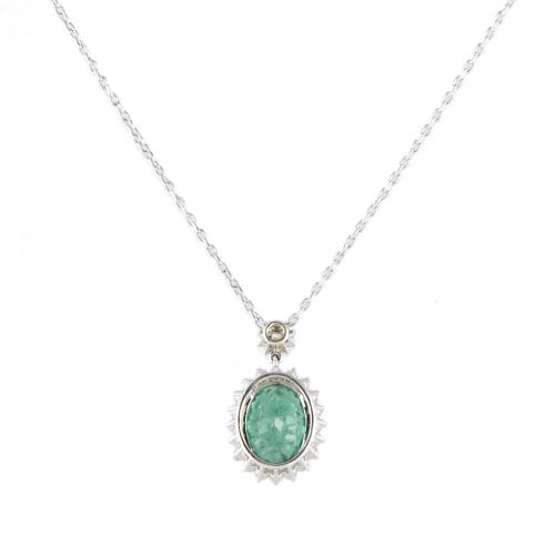 Necklace with emerald and diamonds rosette pendant.
