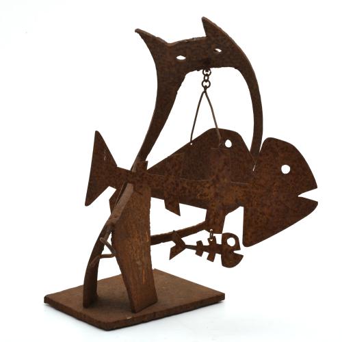 Italian mobile figure of a cat and fish.