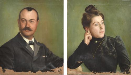 ESCUELA ESPAÑOLA, PPS. SIGLO XX. Pareja de retratos de matrimonio.