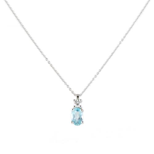 Necklace with aquamarine and diamond pendant.