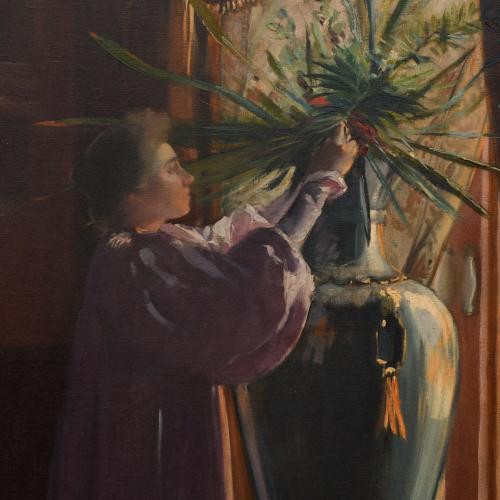 PERE YSERN ALIÉ (1875/76-1946). "Interior con mujer areglan