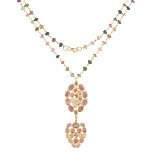Necklace with double pendant medallion of multicoloured tou
