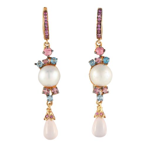 Long pendant earrings with natural coloured gemstones.