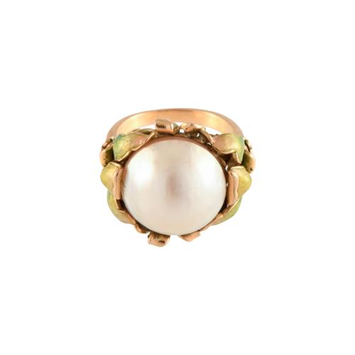 Modernist floral ring with mabé pearl and enamels.