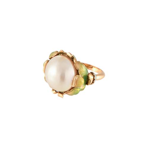 Modernist floral ring with mabé pearl and enamels.