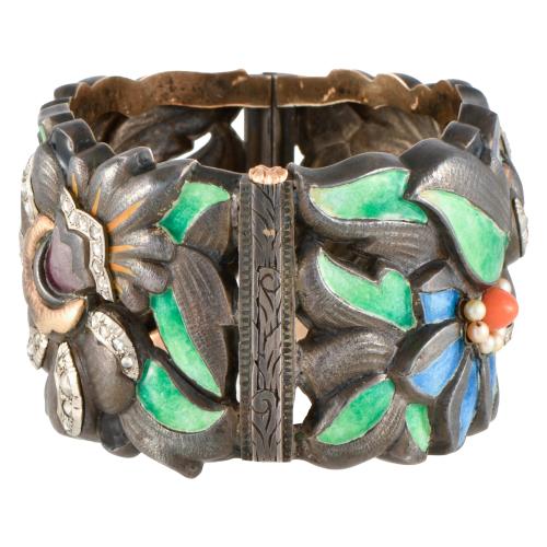 Modernist wide bracelet with enamel, diamonds and pearls