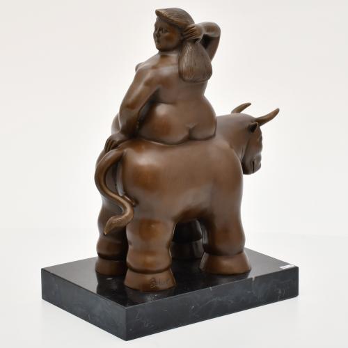 AFTER MODELS BY F. BOTERO, woman on a bull.
